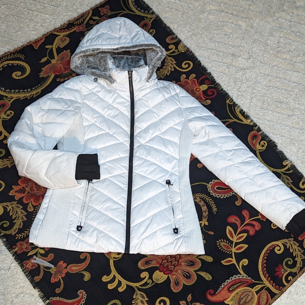 Nautica Women's Detachable Hood Warm Quilted Fleece White Jacket, Medium